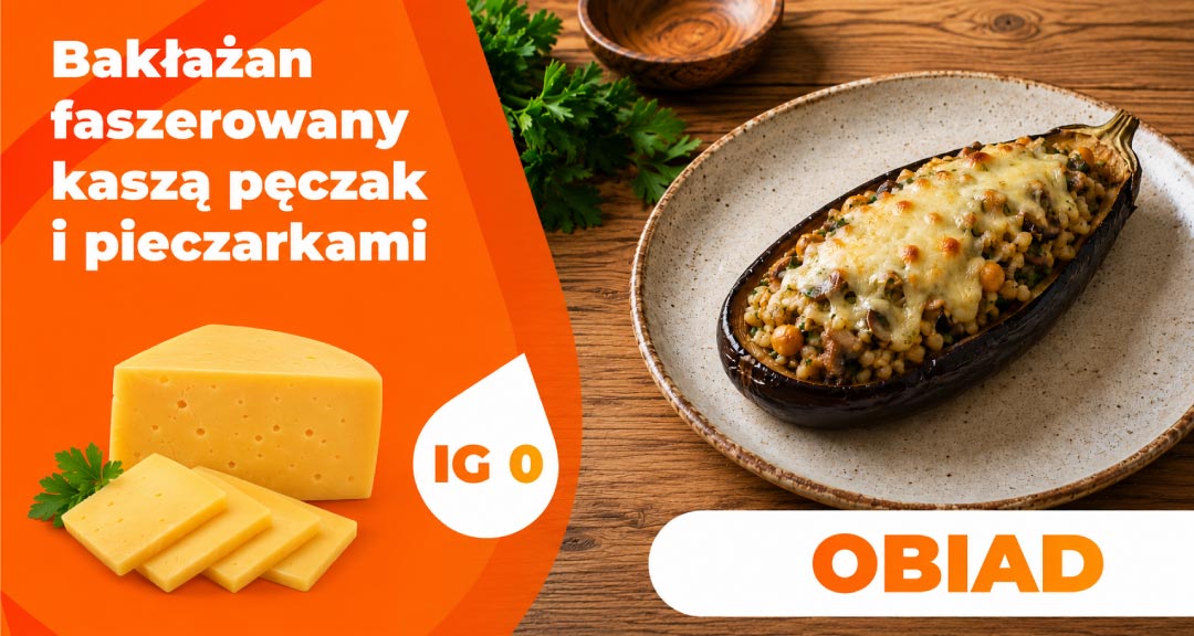 Read more about the article Bakłażan faszerowany kaszą pęczak i pieczarkami