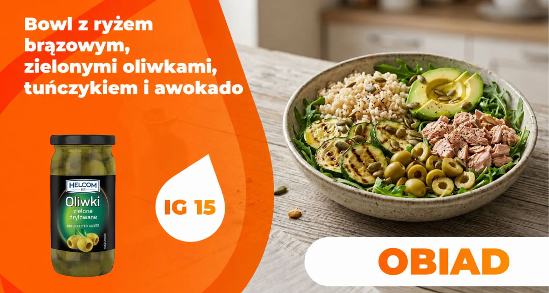 Read more about the article Bowl z ryżem brązowym, zielonymi oliwkami, tuńczykiem i awokado
