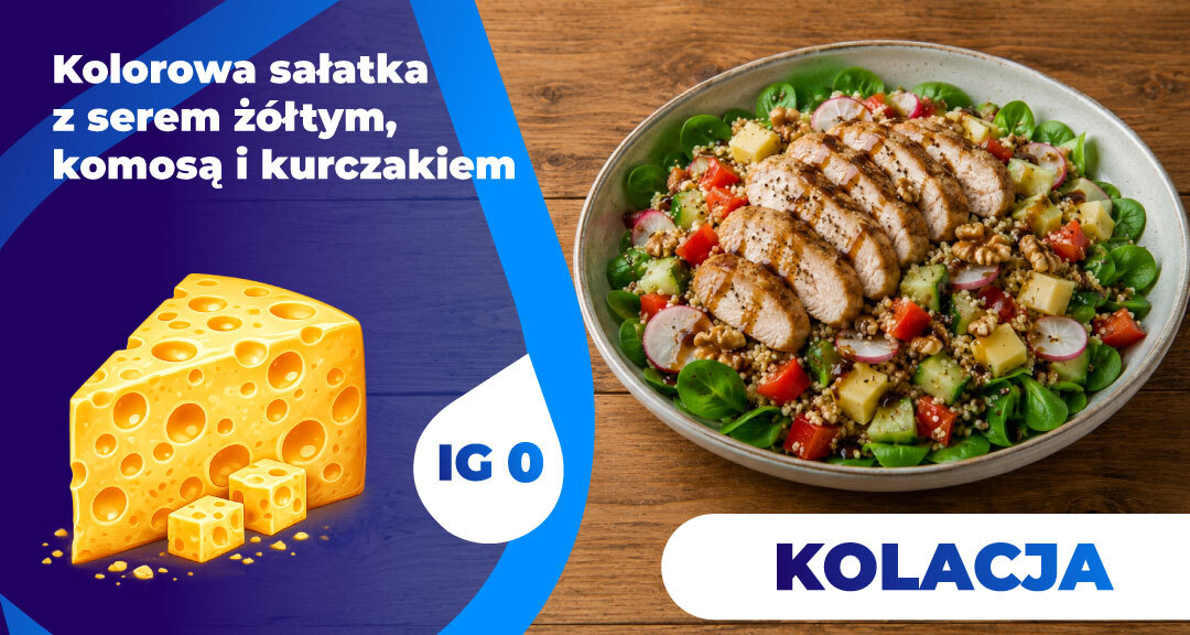 Read more about the article Kolorowa sałatka z serem żółtym, komosą i kurczakiem