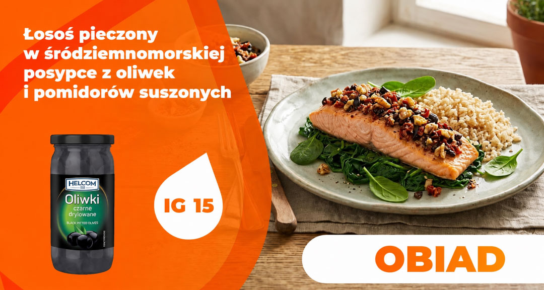Read more about the article Łosoś pieczony w śródziemnomorskiej posypce z oliwek i pomidorów suszonych