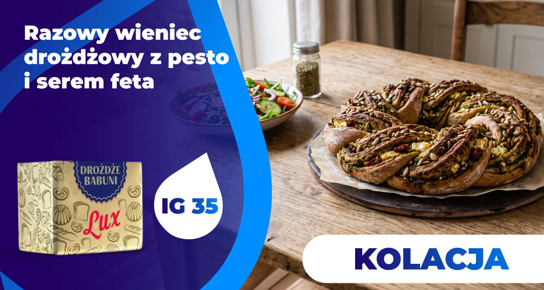 Read more about the article Razowy wieniec drożdżowy z zielonym pesto, fetą i nasionami